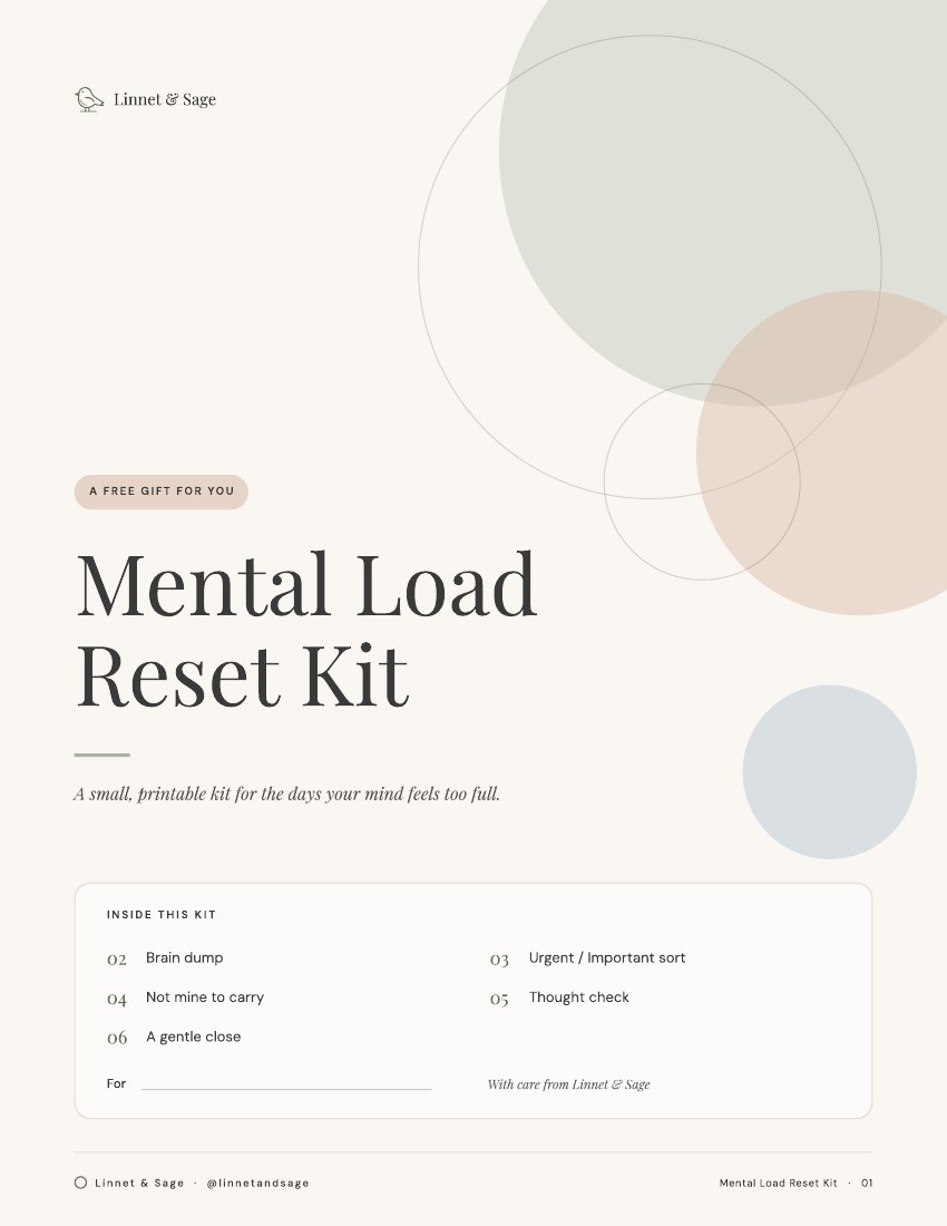 Cover of the Mental Load Reset Kit. Inside this kit: 02 Brain dump, 03 Urgent / Important sort, 04 Not mine to carry, 05 Thought check, 06 A gentle close.